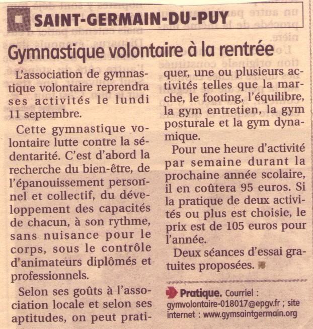 ducation physique et gym volontaire  Saint Germain du Puy